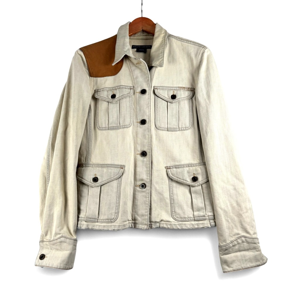 Vintage Ralph Lauren Cream Denim Jean Jacket with Brown Shoulder Patch